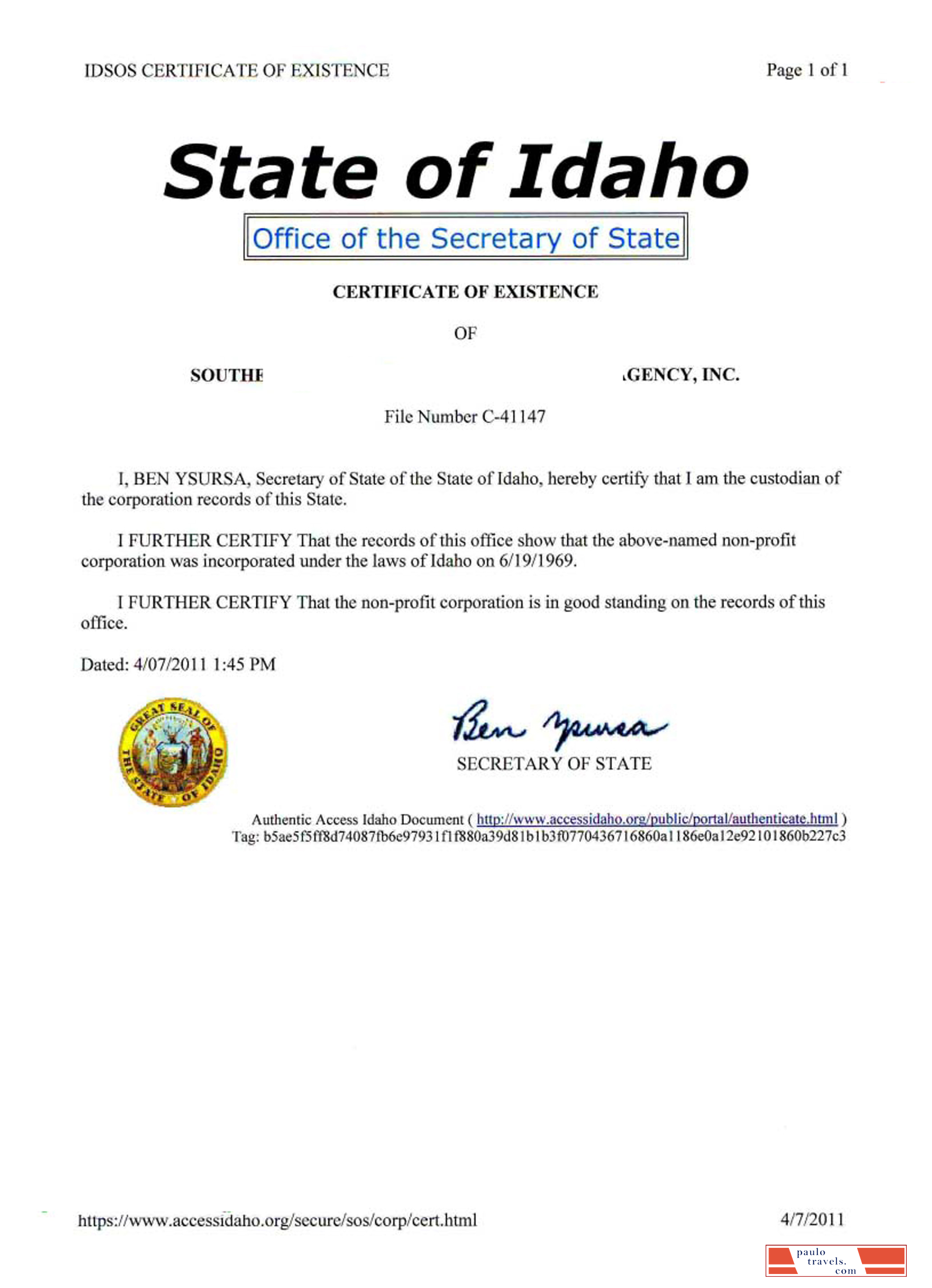 USA Idaho certificate of good standing